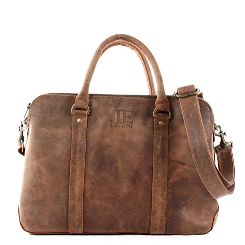 LECONI Damen Schultertasche DIN A4 Henkeltasche Umhängetasche Damentasche Aktentasche Businesstasche Leder 38x26x11cm LE3065, Braun – Vintage, mittel von LECONI