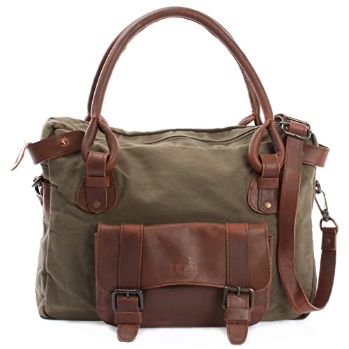 LECONI Henkeltasche Canvas + Echtleder Damentasche Retro-Look Handtasche Damen Vintage Schultertasche für Frauen 38x29x11cm braun grün LE0050-C von LECONI