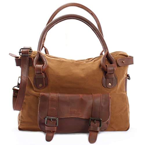 LECONI Henkeltasche Canvas + Echtleder Damentasche Retro-Look Handtasche Damen Vintage Schultertasche für Frauen 38x29x11cm braun cognac LE0050-C von LECONI