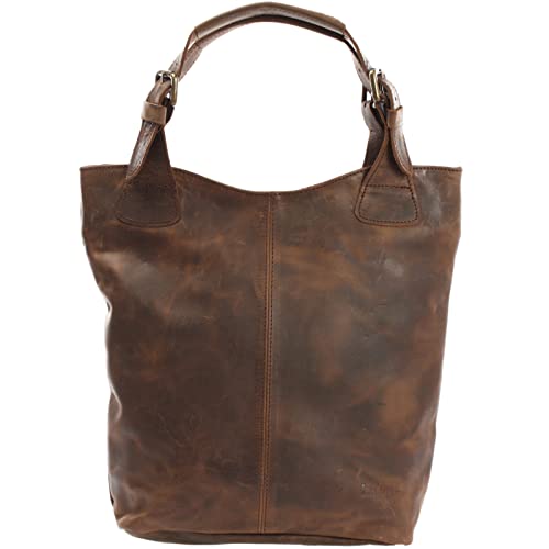 LECONI Henkeltasche Echt-Leder Vintage-Look Damentasche Handtasche für Damen Shopper für Freizeit, Büro oder Shopping Beuteltasche Frauen Ledertasche 34x35x10cm schlamm LE0033-wax von LECONI