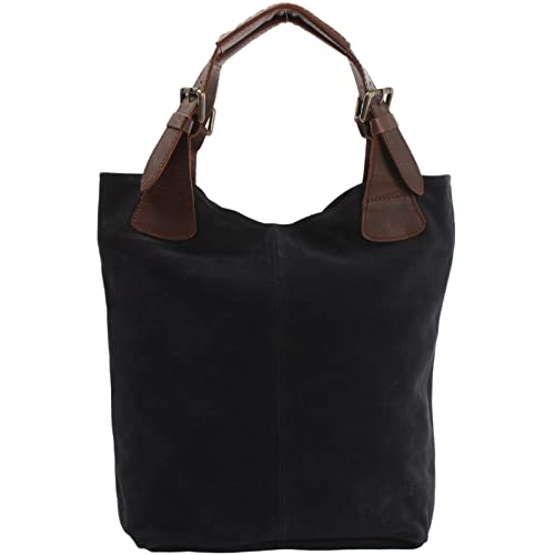 LECONI Henkeltasche Echt-Leder Wildleder Damentasche Handtasche für Damen Shopper für Freizeit, Büro oder Shopping Beuteltasche Frauen Ledertasche Veloursleder 34x35x10cm LE0033-V, Anthrazit / Braun, von LECONI