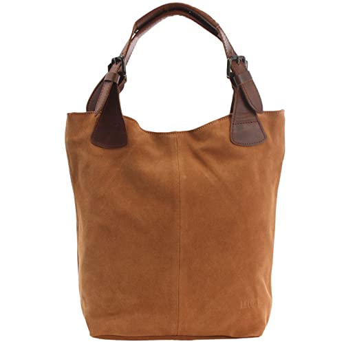 LECONI Henkeltasche Echt-Leder Wildleder Damentasche Handtasche für Damen Shopper für Freizeit, Büro oder Shopping Beuteltasche Frauen Ledertasche Veloursleder 34x35x10cm cognac LE0033-V von LECONI