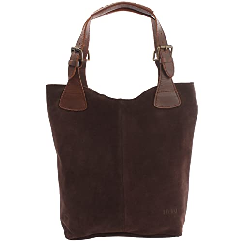 LECONI Henkeltasche Echt-Leder Wildleder Damentasche Handtasche für Damen Shopper für Freizeit, Büro oder Shopping Beuteltasche Frauen Ledertasche Veloursleder 34x35x10cm dunkelbraun LE0033-V von LECONI