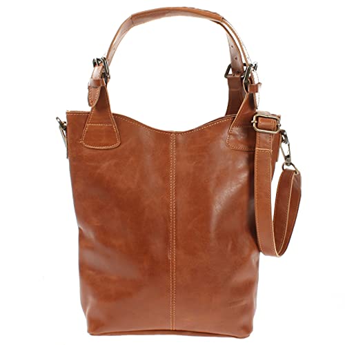 LECONI Henkeltasche Echtleder Vintage-Look Damentasche für Shopping Handtasche für Damen Leder Shopper mit Trageriemen Beuteltasche für die Arbeit, Büro oder Alltag 34x35x10cm cognac LE0054-buf von LECONI