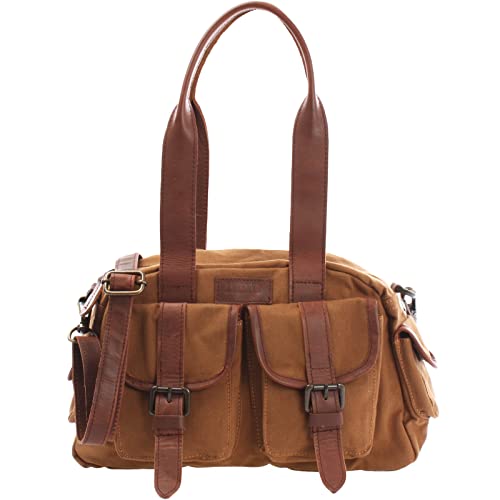 LECONI Henkeltasche Frauen Schultertasche Damentasche Vintage-Look Canvas + Leder Damen Retro Freizeit Mode Handtasche Umhängetasche 35x20x12cm braun cognac LE0042-C von LECONI