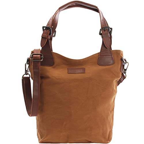 LECONI Henkeltasche Echtleder Vintage-Look Damentasche Handtasche für Damen aus Canvas + Leder Shopper mit Trageriemen Beuteltasche für die Arbeit, Büro oder Alltag 34x35x10cm cognac LE0054-C von LECONI