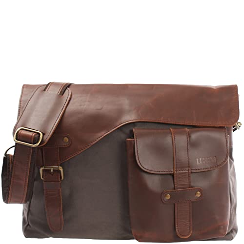 LECONI Messenger Bag DIN A4 Leder Canvas Damen & Herren Schultasche Retro look Collegetasche Umhängetasche 38x28x12cm braun grau LE3032-C von LECONI
