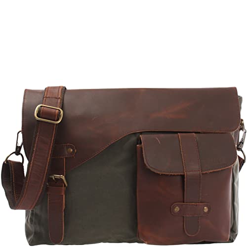 LECONI Messenger Bag DIN A4 Leder Canvas Damen & Herren Schultasche Retro look Collegetasche Umhängetasche 38x28x12cm braun grün LE3032-C von LECONI