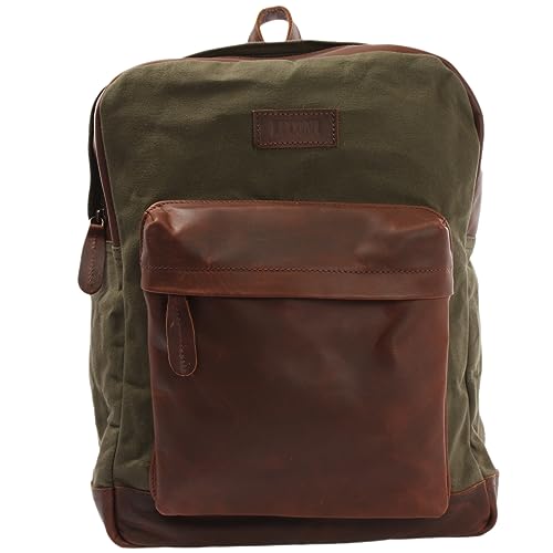 LECONI Rucksack Lederrucksack für Damen & Herren Vintage-Style Schulrucksack Retro Freizeitrucksack DIN A4 backpack Wanderrucksack aus Leder & Canvas 30x40x12cm LE1015-C, Grün / Braun, L von LECONI