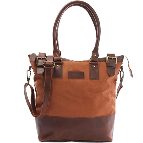 LECONI Schultertasche Damentasche Handtasche kleiner Freizeit Shopper Beuteltasche aus Leder + Canvas für Damen 37x33x12cm cognac LE0056-C von LECONI