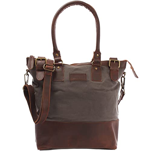 LECONI Schultertasche Damentasche Handtasche kleiner Freizeit Shopper Beuteltasche aus Leder + Canvas für Damen 37x33x12cm grau LE0056-C von LECONI