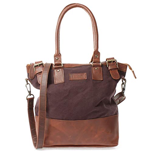 LECONI Schultertasche Damentasche Handtasche kleiner Freizeit Shopper Beuteltasche aus Leder + Canvas für Damen 37x33x12cm mokka LE0056-C von LECONI