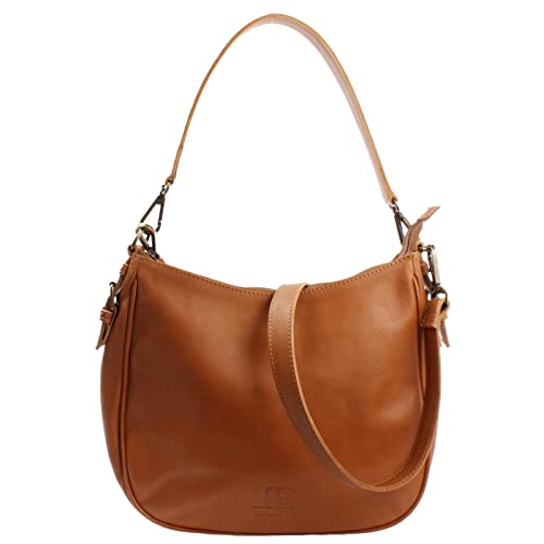 LECONI Schultertasche Henkeltasche Damentasche Umhängetasche natur weiche Ledertasche Handtasche Damen Leder 30x27x11cm braun cognac LE0063-buf von LECONI