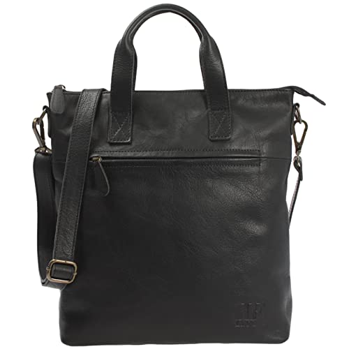 LECONI Schultertasche Henkeltasche Ledertasche für Damen echtes Leder Natur Shopper Lederhandtasche für DIN A4 Damentasche Frauen Handtasche 33x31x10cm schwarz LE0068-buf von LECONI