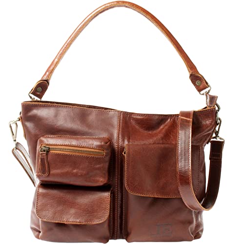 LECONI Schultertasche Ledertasche für Damen Vintage-Look echtes Leder Natur großer Shopper Lederhandtasche für DIN A4 Damentasche Frauen Handtasche 39x27x10cm braun LE0062-buf von LECONI