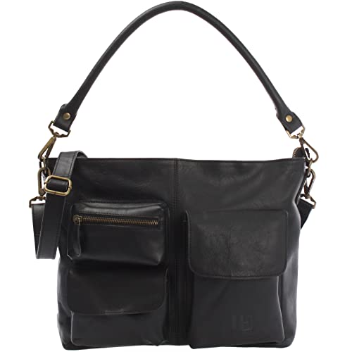 LECONI Schultertasche Ledertasche für Damen Vintage-Look echtes Leder Natur großer Shopper Lederhandtasche für DIN A4 Damentasche Frauen Handtasche 39x27x10cm schwarz LE0062-buf von LECONI