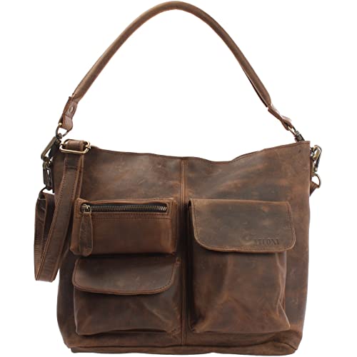 LECONI Schultertasche Ledertasche für Damen Vintage-Look echtes Leder Natur großer Shopper Lederhandtasche für DIN A4 Damentasche Frauen Handtasche 41x32x10cm LE0039, Schlamm – Waxy, L von LECONI