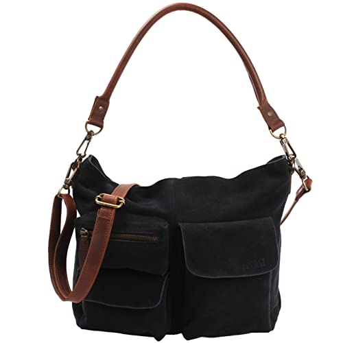 LECONI Schultertasche Ledertasche für Damen echtes Leder Natur großer Shopper Lederhandtasche für DIN A4 Damentasche Frauen Handtasche Veloursleder Wildleder 41x32x10cm anthrazit LE0039-V von LECONI