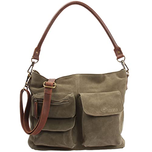 LECONI Schultertasche Ledertasche für Damen echtes Leder Natur großer Shopper Lederhandtasche für DIN A4 Damentasche Frauen Handtasche Veloursleder Wildleder 41x32x10cm grün LE0039-V von LECONI