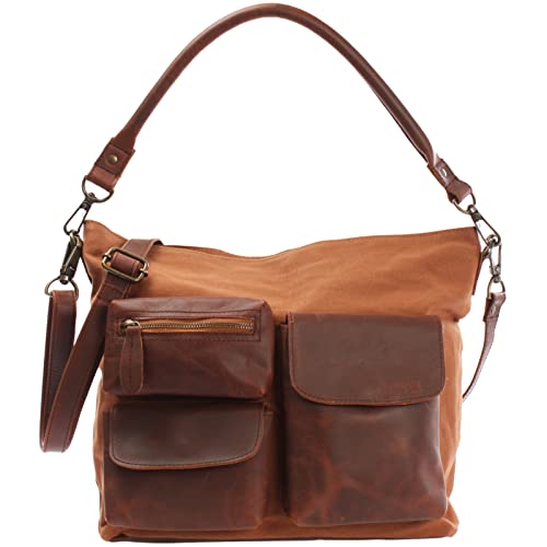LECONI Schultertasche für Damen Vintage-Look Segeltuch Ledertasche Natur großer Shopper Lederhandtasche für DIN A4 Damentasche Frauen Handtasche Leder + Canvas-Stoff 41x32x10cm cognac LE0039-C von LECONI