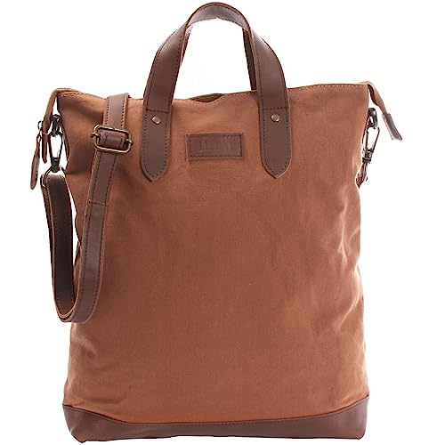 LECONI Shopper Leder + Canvas Vintage-Look Umhängetasche für Damen Henkeltasche große Beuteltasche DIN A4 Damentasche Handtasche 39x45x10cm LE0037-C, Cognac / Braun, von LECONI