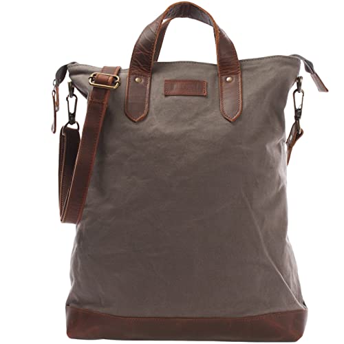 LECONI Shopper Leder + Canvas Vintage-Look Umhängetasche für Damen Henkeltasche große Beuteltasche DIN A4 Damentasche Handtasche 39x45x10cm LE0037-C, Grau / Braun, von LECONI