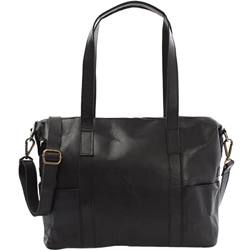 LECONI Shopper Vintage-Look Damen Henkeltasche Schultertasche Echt-Leder Natur Damentasche Ledertasche Umhängetasche Handtasche Leder 37x28x15cm schwarz LE0061-buf von LECONI