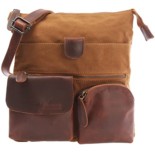 LECONI Umhängetasche Canvas & Leder kleine Schultertasche Handtasche Damen + Herren Vintage Retro Style 28x30x5cm braun cognac LE3011-C von LECONI