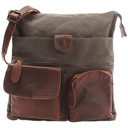 LECONI Umhängetasche Canvas & Leder kleine Schultertasche Handtasche Damen + Herren Vintage Retro Style 28x30x5cm braun grau LE3011-C von LECONI