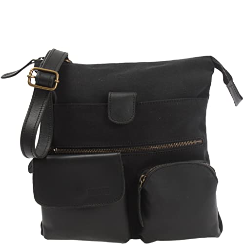 LECONI Umhängetasche Canvas & Leder kleine Schultertasche Handtasche Damen + Herren Vintage Retro Style 28x30x5cm schwarz LE3011-C von LECONI