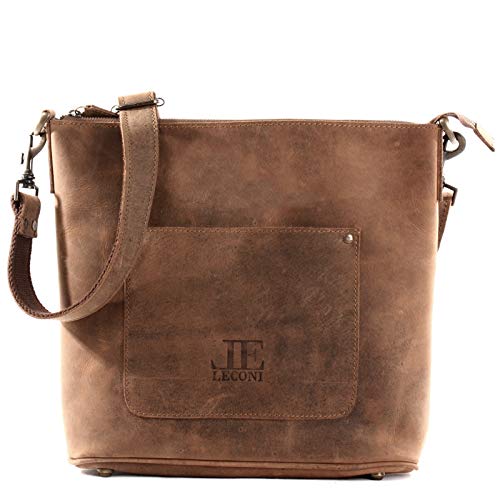 LECONI Umhängetasche für Frauen Schultertasche Freizeittasche Damentasche Ledertasche für Damen mit Außenfach vintage look schlicht modern natur Leder 36x32x10cm braun LE3067-vin von LECONI