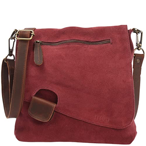 LECONI Umhängetasche für Damen Crossbag Veloursleder Echtleder Natur Damentasche Schultertasche Ledertasche Freizeittasche für Frauen Wildleder Handtasche 29x29x6cm bordeaux LE3027-VL von LECONI