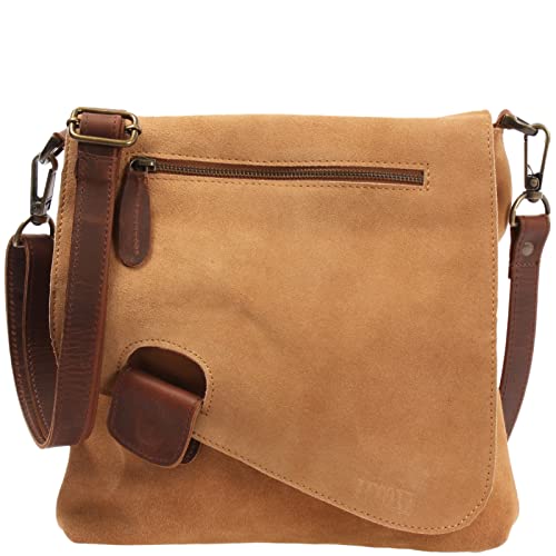 LECONI Umhängetasche für Damen Crossbag Veloursleder Echtleder Natur Damentasche Schultertasche Ledertasche Freizeittasche für Frauen Wildleder Handtasche 29x29x6cm cognac LE3027-VL von LECONI