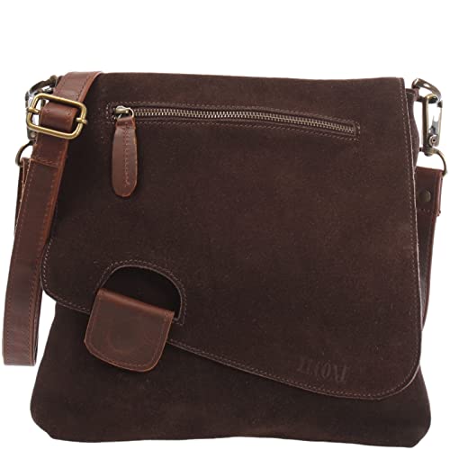 LECONI Umhängetasche für Damen Crossbag Veloursleder Echtleder Natur Damentasche Schultertasche Ledertasche Freizeittasche für Frauen Wildleder Handtasche 29x29x6cm dunkelbraun LE3027-VL von LECONI