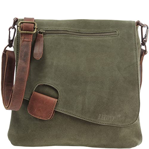 LECONI Umhängetasche für Damen Crossbag Veloursleder Echtleder Natur Damentasche Schultertasche Ledertasche Freizeittasche für Frauen Wildleder Handtasche 29x29x6cm grün LE3027-VL von LECONI