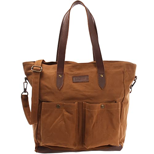 LECONI XL Shopper aus Canvas & Leder Vintage-Style Weekender Umhängetasche große Damen Tasche unisex Schultertasche Handgepäck-Tasche Beuteltasche 35x39x20cm LE0040-C, Cognac / Braun, L von LECONI