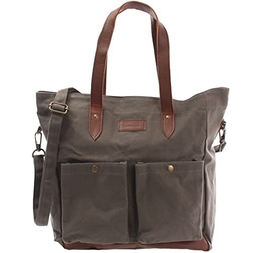 LECONI XL Shopper aus Canvas & Leder Vintage-Style Weekender Umhängetasche große Damen Tasche unisex Schultertasche Handgepäck-Tasche Beuteltasche 35x39x20cm grau LE0040-C von LECONI