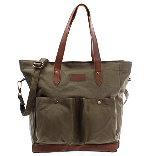 LECONI XL Shopper aus Canvas & Leder Vintage-Style Weekender Umhängetasche große Damen Tasche unisex Schultertasche Handgepäck-Tasche Beuteltasche 35x39x20cm grün LE0040-C von LECONI