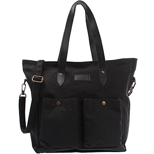 LECONI XL Shopper aus Canvas & Leder Vintage-Style Weekender Umhängetasche große Damen Tasche unisex Schultertasche Handgepäck-Tasche Beuteltasche 35x39x20cm schwarz LE0040-C von LECONI