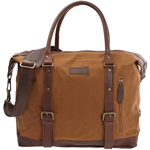 LECONI XL Shopper für Damen & Herren Unisex Handgepäck Vintage-Style kleiner Weekender Sporttasche Used-Look Fitnesstasche aus Canvas + Leder 50x38x12cm cognac LE2006-C von LECONI