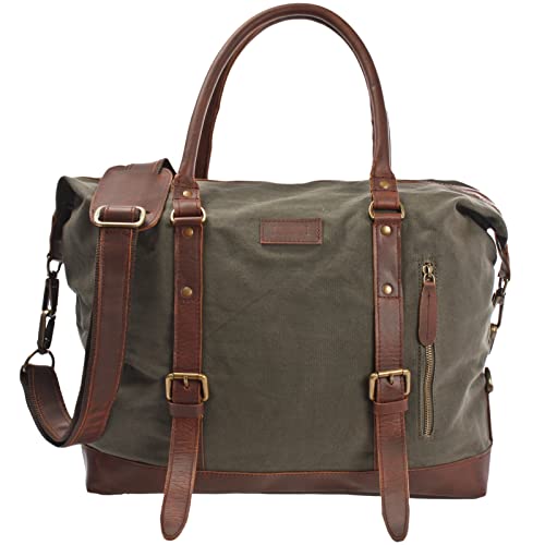 LECONI XL Shopper für Damen & Herren Unisex Handgepäck Vintage-Style kleiner Weekender Sporttasche Used-Look Fitnesstasche aus Canvas + Leder 50x38x12cm grün LE2006-C von LECONI