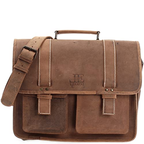 LECONI große Aktentasche Retro Look Collegetasche Unisex DIN A4 Arbeitstasche Damen & Herren Lehrertasche echtes Büffel-Leder Bürotasche Schultasche 39x30x12cm braun LE3030-N von LECONI