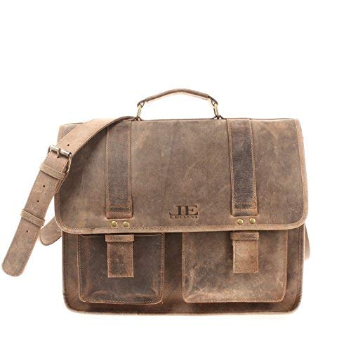 LECONI große Aktentasche Retro Look Collegetasche Unisex DIN A4 Arbeitstasche Damen & Herren Lehrertasche echtes Büffel-Leder Bürotasche Schultasche 39x30x12cm braun LE3030-vin von LECONI