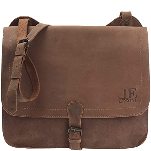 LECONI große Collegetasche Messenger Bag Tasche DIN A4 für Damen + Herren – Unisex Ledertasche Lehrertasche Aktentaschen Büffel-Leder Used-Look 36x29x8cm braun LE3020-vin von LECONI