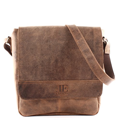 LECONI große Umhängetasche DIN A4 Schultertasche Messenger Bag Kuriertasche Businesstasche Klettverschluss Leder vintage 31x34x10cm braun LE3063 von LECONI