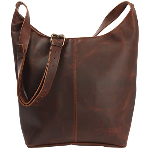 LECONI große Umhängetasche Damen Schultertasche praktische Ledertasche für Frauen Beuteltasche Vintage-Style Damentasche Shopper aus echtem Leder 34x34x11cm braun LE0055-wax von LECONI