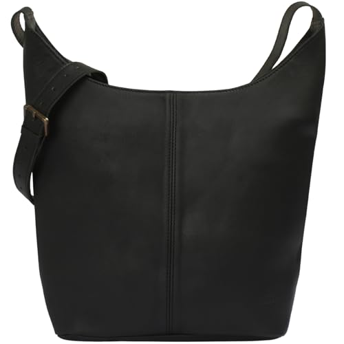 LECONI große Umhängetasche Damen Schultertasche praktische Ledertasche für Frauen Beuteltasche Vintage-Style Damentasche Shopper aus echtem Leder 34x34x11cm schwarz LE0055-Z von LECONI