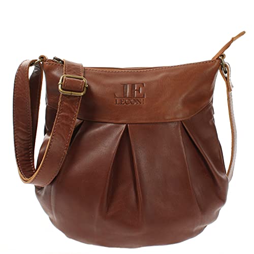 LECONI kleine Schultertasche Damentasche Umhängetasche natur weiche Ledertasche Handtasche Damen Leder 29x30x3cm braun LE0070-buf von LECONI