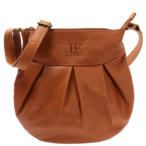 LECONI kleine Schultertasche Damentasche Umhängetasche natur weiche Ledertasche Handtasche Damen Leder 29x30x3cm braun cognac LE0070-buf von LECONI