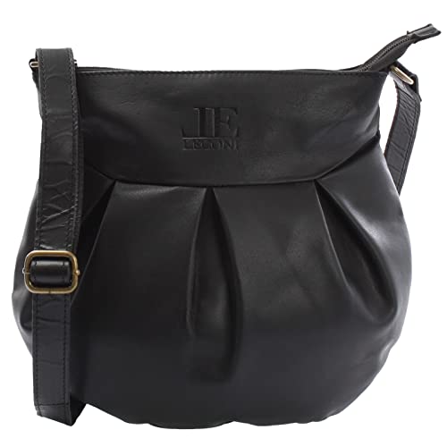 LECONI kleine Schultertasche Damentasche Umhängetasche natur weiche Ledertasche Handtasche Damen Leder 29x30x3cm schwarz LE0070-buf von LECONI